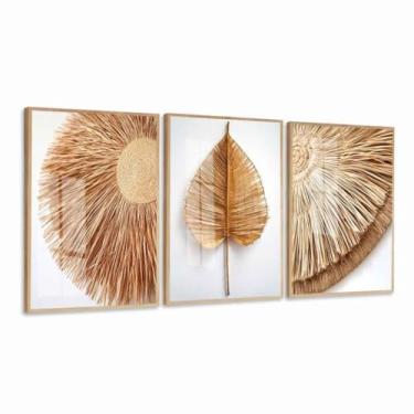 Imagem de Kit 3 Quadros Decorativos Flor Boho Bege para Sala e Quarto(preta,sem vidro)