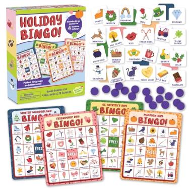 Imagem de Peaceable Kingdom Holiday Bingo – 4 temas de férias, até 28 jogadores – Winter Wonderland, Dia de São Patrício, Dia da Abóbora e Dia da Amizade – Conjunto completo de bingo com tabuleiros, fichas e