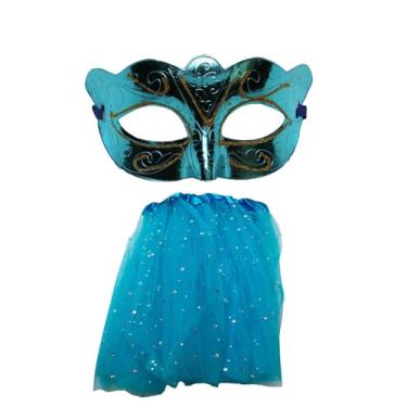 Imagem de Kit Fantasia de Carnaval Máscara Com Saia Tule 40Cm Azul