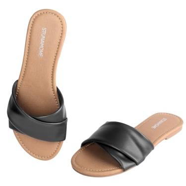 Imagem de STUNAHOME Sandálias rasteiras femininas de verão, sem cadarço, bico redondo, sandálias de couro cruzadas, Preto, 40