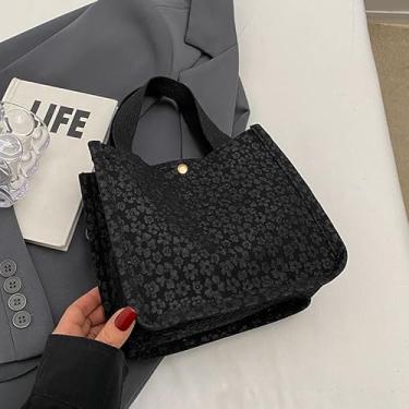 Imagem de Bolsa pequena de lona floral – Bolsa feminina moderna estilo INS, leve, grande capacidade, ombro e bolsa de mão, Preto