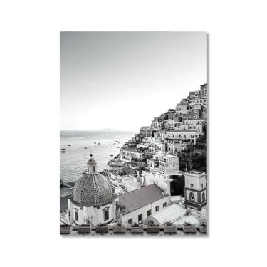 Imagem de Impressão em tela de fotografia de paisagem em preto e branco cenário da Itália para decoração de sala de estar - Veneza, Costa Amalfitana, Roma, Milão, Five Oceanside Towns Pôster de arte de parede