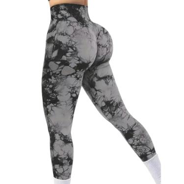 Imagem de tincolia Meia-calça legging feminina tie dye cintura alta levanta bumbum controle de barriga push up sem costura calças de ioga treino-cinza-GG