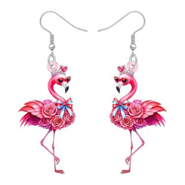 Imagem de RAIDIN Brincos de flamingo fofos de acrílico rosa choque animais tropicais novidade joias pendentes para mulheres amantes de pássaros pingentes havaianos presentes, Medium, Acrílico, Sem pedra
