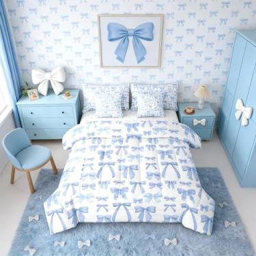 Imagem de Erosebridal Jogo de cama solteiro infantil com laço azul, 7 peças, conjunto de edredom feminino sonhador com laço kawaii, lençol com fita kawaii em uma bolsa, conjunto de cama coquete