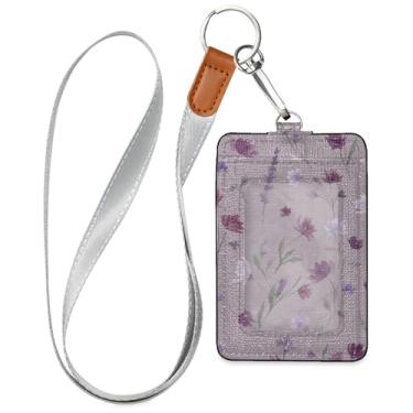 Imagem de Burbuja Porta-crachá de couro com cordão, etiqueta de identificação de flores com 1 janela transparente para identidade e 2 compartimentos para cartão para escritório, enfermeira, professor, médico