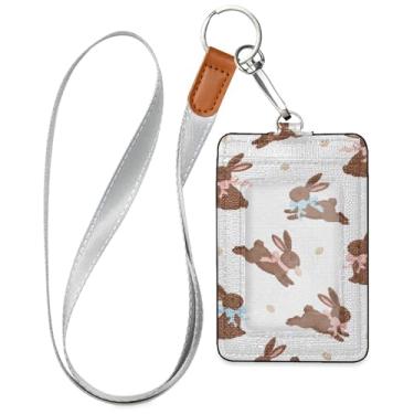 Imagem de Burbuja Porta-crachá de couro com cordão, etiqueta de identificação de coelho fofo com 1 janela transparente para identidade e 2 compartimentos para cartão para escritório, enfermeira, professor