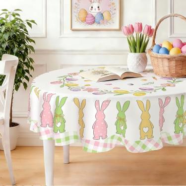 Imagem de TiLegen Toalha de mesa redonda de Páscoa, 152 cm, rosa, verde, búfalo, xadrez, silhueta de coelho, ovos, aquarela, lavável, resistente a manchas, capa de mesa para decoração de festa, piquenique