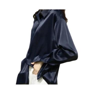 Imagem de Camisa Elegante De Seda Solta Para Mulheres Com Gola Reversa, Blusa Vi