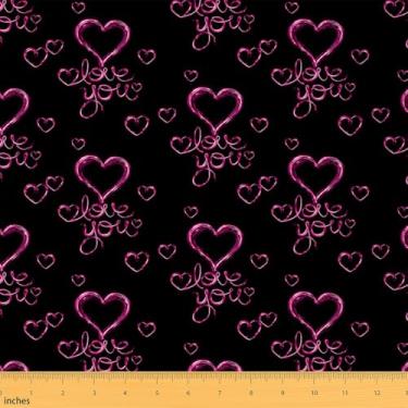 Imagem de jejeloiu Tecido Love Pattern da The Yard Tecido de estofamento com padrão de coração romântico para cadeiras, rosa rosa preto, decorativo, impermeável, tecido externo, 1 jarda