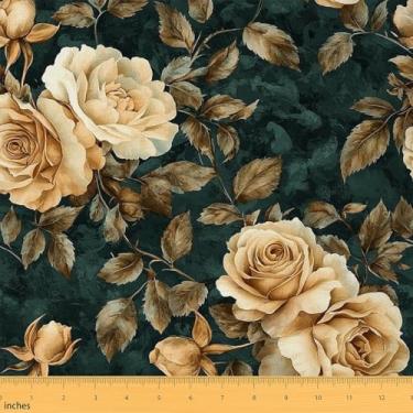 Imagem de Erosebridal Tecido peônia por Yard rosa amarela impermeável tecido para ambientes externos botânicos aquarela folhas estofados flores jardim azul-petróleo DIY decoração de arte, 2 jardas