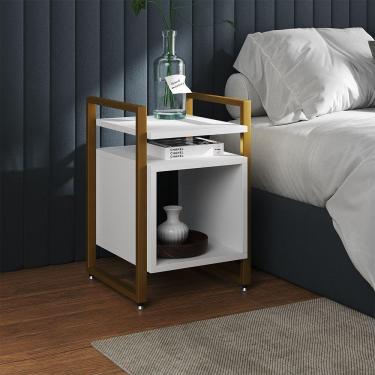 Imagem de Mesa De Cabeceira Industrial Marrocos Ferro Dourado E Tampo Branco
