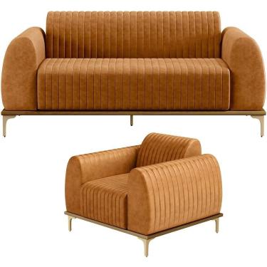 Imagem de Kit Sofá 3 Lugares 210cm Com Poltrona Molino Base Castanho Pés D'ouro D02 Couríssimo Whisky B-90 - Lyam Decor