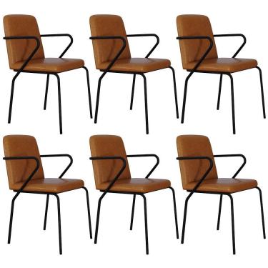 Imagem de Kit 06 Cadeiras Estofada Para Sala De Jantar Com Braço Loft Preto C01 Courino Caramelo - Lyam Decor