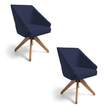 Imagem de Kit 2 Poltronas Giratórias Alana Suede Base De Madeira - Pallazio Cor Azul Marinho