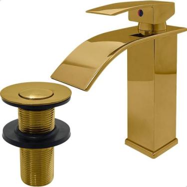 Imagem de Kit Banheiro Torneira Dourada Monocomando Agua Quente Fria Bica Baixa 