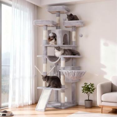 Imagem de Árvore para gatos Hey-brother, grande torre para gatos de 180 cm GG para gatos internos, casa de gatos de vários níveis com 3 poleiros acolchoados, arranhador grande, cesta aconchegante, 2 condomínios