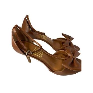Imagem de Sandalia Uza Couro Salto Fino Alto Marron Detalhe de Laço-Feminino