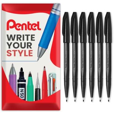 Imagem de Pentel Canetas marcadoras pretas originais S520 ponta de fibra canetas marcadoras coloridas ponta fina 2 mm largura da linha (pacote com 6)