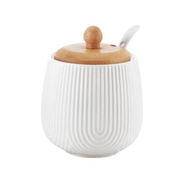 Imagem de Açucareiro Com Colher De Cerâmica E Tampa Bambu 360ml Cor Branco - Hau