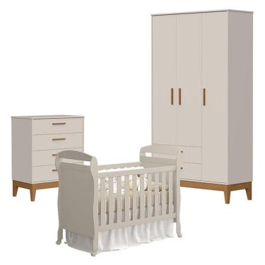Imagem de Quarto De Bebê 3 Portas Com Cômoda Gaveteiro Flip E Berço Americano Danny Areia Acetinado - Reller