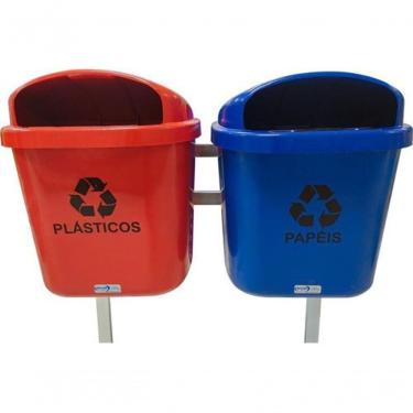 Imagem de Conjunto de Lixeira para Coleta Seletiva 40 Litros Jsn 40 l Polipropileno Tampa Frontal com Chave Azul e Vermelha