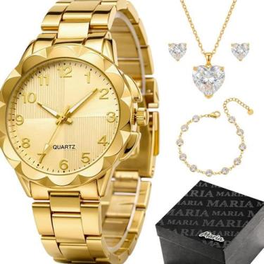 Imagem de Relogio Feminino Aco Banhado Inox + Pulseira Caixa + Colar folheado qu
