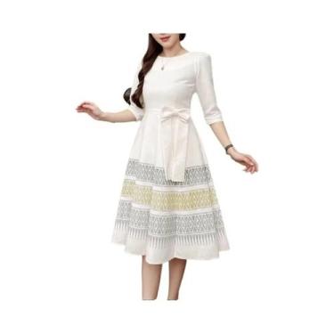 Imagem de Vestido Midi Feminino Elegante, Manga 3/4, Gola Redonda, Casual, Solto