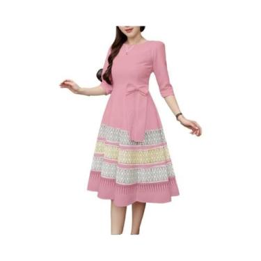Imagem de Vestido Midi Feminino Elegante, Manga 3/4, Gola Redonda, Casual, Solto