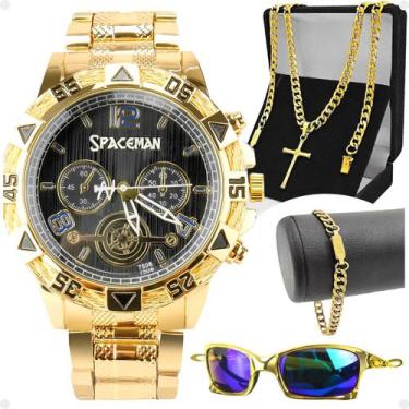 Imagem de relogio banhado masculino + oculos sol + pulseira + cordão ouro presen