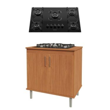 Imagem de Kit Balcão para Cooktop Turim 2 Portas Mdf-Mdp 78cm Preto com Cooktop 5 Bocas Essencial Movelove