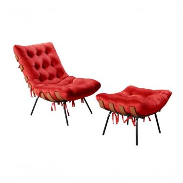 Imagem de Poltrona com Puff Costela Decorativa Suede Fibra Siliconada Vermelho Bella Decor