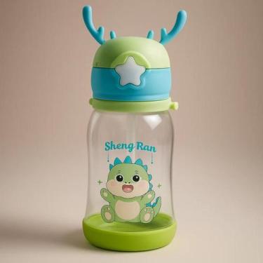 Imagem de Garrafa Infantil Alce 600ml com Cordão e Canudo Anti Vazamento Colorid