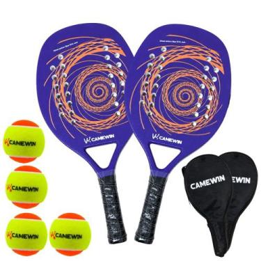 Imagem de Kit 2 Raquetes Beach Tennis Camewin Carbono + 4 Bolinhas, Roxo