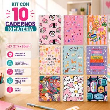 Imagem de Kit 10 Cadernos Capa Dura A4 160 Folhas Feminino Escolar - Nova cadern