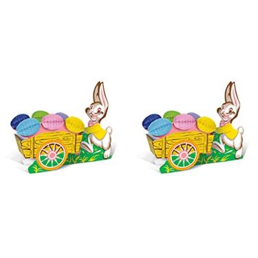 Imagem de Beistle Decoração de mesa vintage de 2 peças de coelhinho da Páscoa e carrinho, 26,7 cm, rosa/amarelo/verde/azul/roxo/branco/marrom