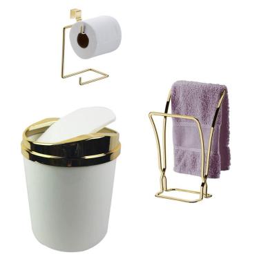Imagem de Kit Banheiro Dourado Porta Toalha Duplo Rosto + Suporte Papel Higiênico + Lixeira - Future