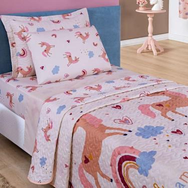 Imagem de Kit 5 Peças Fantasy = Colcha Solteiro Infantil + Jogo De Lençol - Unicórnio Rosa
