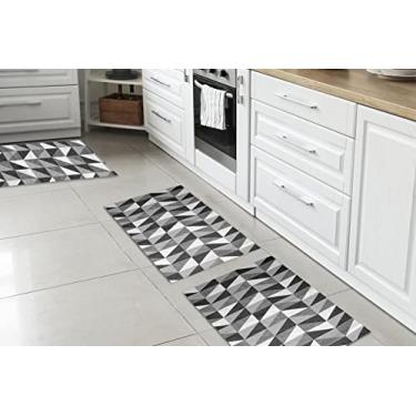 Imagem de Kit Tapete+Passadeiras 3 Pçs Jacquard Miami Ladrilhos Preto/Cinza 100% Antiderrapante