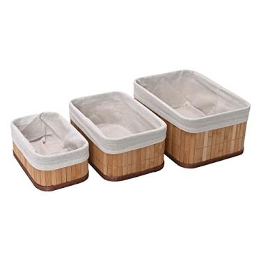 Imagem de Mimo Style Jogo de 03 Cestos Organizadores Feito de Bambu Cor Claro. Perfeito Para Banheiros, Armários, Lavanderias, Entre Outros. Bonito e Elegante (Bege - Pequeno)