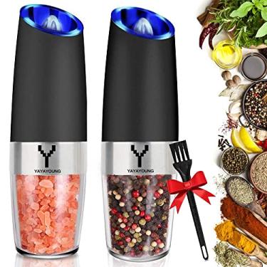 Imagem de YAYAYOUNG Moedor elétrico por gravidade, moedor automático de pimenta e sal com luz LED azul, moedor elétrico de pimenta com aspereza ajustável, recarregável, saleiro e pimenta, moedor de pimenta