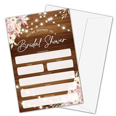 Imagem de Convites para chá de panela, convites florais rosa de madeira rústica para chá de panela, festa de noivado, festa de casamento, 25 cartões de convites e envelopes (yqk01)