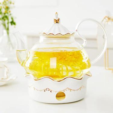 Imagem de DUJUST Conjunto de bule de chá florescendo, design britânico luxuoso com decoração de alívio e acabamentos dourados, bule de chá transparente feito à mão com aquecedor, bule de chá de vidro de 1,2 kg com infusor, presente seguro para fogão e decoração de casa