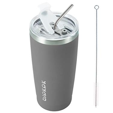 Imagem de BJPKPK Copo térmico de 590 ml com tampa e canudo de aço inoxidável. Caneca de café, copo térmico para mulheres e homens, cinza