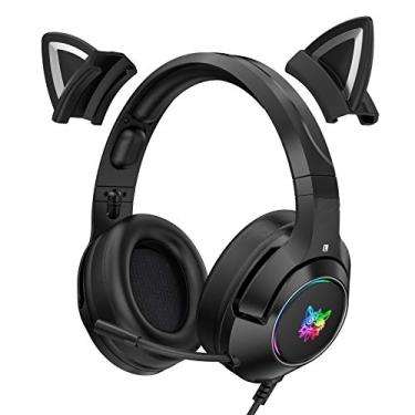 Imagem de FENGCHUANG Fones de ouvido com orelha de gato, fone de ouvido estéreo para jogos com microfone e orelhas de gato removíveis, fone de ouvido para jogos com redução de ruído RGB para meninas meninos, preto