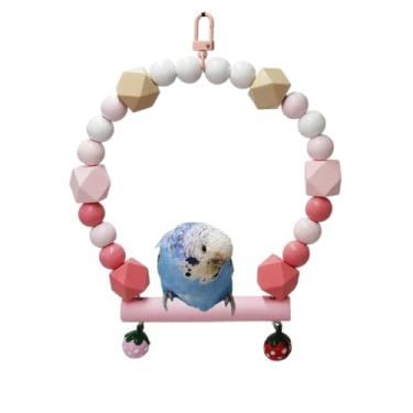 Imagem de Brinquedo de balanço de gaiola de pássaro para pendurar, poleiro de papagaio de madeira natural com suporte, pequeno acessório de calopsita para pintassilgo periquito conure (rosa)