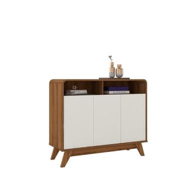Imagem de Buffet ECC 3 Portas Estilo Retrô Com Pés em Madeira Com Cantos Arredondados e Prateleiras Internas Cor Nature/Off White