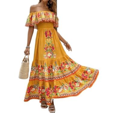 Imagem de Camisa Feminina Floral Print Off Shoulder Ruffle Hem Dress (Color : Yellow, Size : XL)