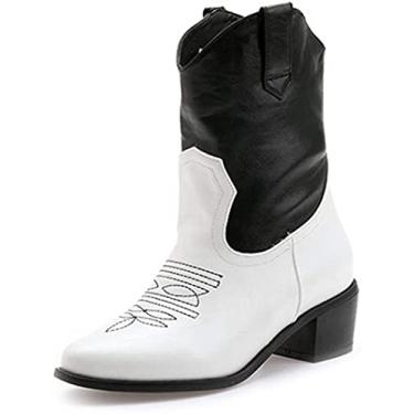 Imagem de Botas femininas Western Cowboy bico fino Daliy fora do tornozelo salto bloco botas Chelsea vestido de couro PU bota curta, Branco, 36