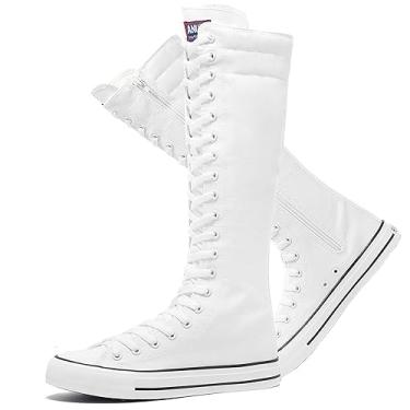 Imagem de rismart Tênis feminino de dança punk com cadarço até o joelho, Branco, 8.5